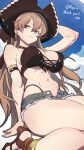  1girl abs anchor_earrings arm_up azur_lane bikini blue_sky breasts brown_bikini brown_hair brown_headwear closed_mouth cloud commission cross-laced_bikini cross-laced_clothes cutoff_jeans cutoffs earrings from_below gladiator_sandals hair_between_eyes hand_rest hat hata4564 highleg highleg_bikini highres jean_bart_(azur_lane) jean_bart_(private_apres_midi)_(azur_lane) jewelry large_breasts light_blush long_hair looking_at_viewer micro_shorts navel official_alternate_costume open_clothes open_shorts pirate_hat red_eyes sandals shorts sitting skeb_commission sky solo swimsuit thighs 