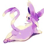  :&lt; animal_focus ass blush closed_mouth commentary_request espeon forehead_jewel forked_tail from_behind full_body gem highres looking_at_viewer looking_back lying no_humans on_stomach pawpads pokemon pokemon_(creature) purple_eyes red_gemstone simple_background solo tail tara_rebi white_background 