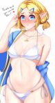  1girl alternate_costume anisdrawn bikini blonde_hair blue_eyes blue_jacket blush braid breasts breasts_apart collarbone crown_braid embarrassed english_commentary english_text hair_ornament hairclip highres jacket jewelry looking_at_viewer medium_breasts navel necklace off_shoulder open_mouth parted_bangs playing_with_own_hair princess_zelda short_hair short_sleeves side-tie_bikini_bottom simple_background single_bare_shoulder solo stomach sweat swimsuit the_legend_of_zelda the_legend_of_zelda:_tears_of_the_kingdom triforce white_bikini wide_sleeves 