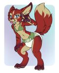  anthro big_mama_yena blizzard_entertainment bra canid claws clothing crouching diaper digitigrade female gesture hi_res looking_at_viewer mammal navel paw+pads pointing pointing_at_self raised_tail solo standing tail tongue tongue_out underwear vulpera warcraft 