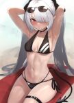  1girl absurdres armpits arms_behind_head arms_up bikini black_bikini black_gloves blue_archive blush breasts choker dark-skinned_female dark_skin eyewear_on_head gloves grey_hair hair_over_one_eye halo highres iori_(blue_archive) iori_(swimsuit)_(blue_archive) long_hair looking_at_viewer medium_breasts mochitsuki_karen navel pointy_ears red_eyes side-tie_bikini_bottom solo stomach sunglasses swimsuit tail twintails very_long_hair wet 