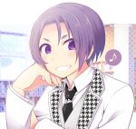  1boy black_necktie blue_lock bookshelf buttons collared_shirt grin jacket library long_sleeves male_focus mikage_reo momosemocha musical_note necktie purple_eyes shirt short_hair smile solo spoken_musical_note thick_eyebrows twitter_username white_jacket white_shirt 