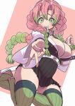  1girl absurdres belt black_skirt braid breasts cleavage demon_slayer_uniform gradient_hair green_eyes green_hair green_thighhighs haori highres jaguarsee japanese_clothes kanroji_mitsuri kimetsu_no_yaiba large_breasts long_hair looking_at_viewer mole mole_under_eye multicolored_hair multiple_braids outstretched_arm partially_unbuttoned pink_hair pleated_skirt ribbed_legwear ribbed_thighhighs sheath sheathed skirt solo teeth thighhighs tri_braids v weapon whip_sword white_belt 
