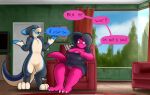  anthro big_breasts black_body black_hair blue_eyes breasts cleavage clothed clothing damaris_(lazygartuz) dialogue duo female green_eyes hair huge_breasts lazygartuz male multicolored_body pink_body scalie speech_bubble tan_body text thick_thighs unknown_character unknown_species 