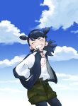  1boy black_hair black_jacket black_leggings blush closed_eyes double_bun facing_viewer green_shorts grin hair_bun highres jacket leggings long_sleeves luo_xiaohei_zhanji male_focus medium_hair nezha_(the_legend_of_luoxiaohei) nploser puffy_long_sleeves puffy_sleeves shirt shorts sky smile solo white_shirt 