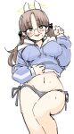  1girl animal_ears bikini black_bikini_bottom blue_archive blue_hoodie blush breasts brown_hair fake_animal_ears glasses groin highres hood hoodie large_breasts midriff moe_(blue_archive) moe_(swimsuit)_(blue_archive) navel nm_oekaki_suru rabbit_ears round_eyewear side-tie_bikini_bottom smile solo sweat swimsuit twintails yellow_eyes 