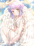 1girl angel angel_wings blue_sky blurry blurry_foreground blush breasts cloud collarbone commentary dress feathered_wings feathers halo idolmaster idolmaster_million_live! legs looking_at_viewer makabe_mizuki purple_hair shiitake_taishi short_hair sidelocks sitting sky sleeveless sleeveless_dress small_breasts smile solo symbol-only_commentary thighs wavy_hair white_dress white_wings wings yellow_eyes 