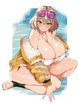  1girl anis_(nikke) anis_(sparkling_summer)_(nikke) barefoot bikini blush breasts brown_eyes brown_hair closed_mouth eyepatch_bikini eyewear_on_head feet goddess_of_victory:_nikke heart highres jacket jewelry large_breasts looking_at_viewer navel necklace off_shoulder official_alternate_costume sitting smile solo sunglasses swimsuit symbol-shaped_pupils thick_thighs thighs toes white_bikini yellow_jacket yonekura_(bakuzen) 