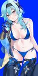  1girl absurdres ass_visible_through_thighs asymmetrical_hair bikini black_hairband blue_background blue_bikini blue_hair blue_theme blue_thighhighs breasts closed_mouth cowboy_shot eula_(genshin_impact) genshin_impact hairband highres large_breasts light_blue_hair looking_at_viewer medium_hair navel shunse single_bare_shoulder skindentation smile solo stomach swimsuit thigh_strap thighhighs thighs vision_(genshin_impact) yellow_eyes 