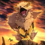  alternate_color arcanine ayo_(ayosanri009) black_eyes bright_pupils commentary_request fangs from_below no_humans open_mouth outdoors pokemon pokemon_(creature) shiny_pokemon signature solo standing tongue twilight white_pupils 