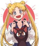  bishoujo_senshi_sailor_moon black_cat blonde_hair blue_sailor_collar blue_skirt blush cat double_bun earrings hair_bun happy jewelry luna_(sailor_moon) moon_(symbol) nmnm_bbb open_mouth red_eyes sailor_collar skirt tsukino_usagi 