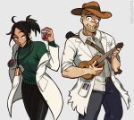  1boy 1girl alto_clef artist_name beard black_hair collared_shirt cowboy_hat cowboy_shot facial_hair freckles green_sweater grin hat heterochromia highres imsleepyzen instrument jack_bright labcoat music pen_in_pocket playing_instrument scp-500 scp-963 scp_foundation shirt shirt_partially_tucked_in smile sweater white_shirt 