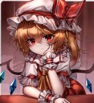  1girl absurdres ascot closed_mouth commentary_request crystal dated flandre_scarlet hat hat_ribbon highres looking_at_viewer medium_hair mob_cap one_side_up red_eyes red_ribbon ribbon short_sleeves signature solo top-exerou touhou upper_body white_headwear wings wrist_cuffs wristband yellow_ascot 