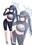  1girl absurdres alternate_costume baseball_cap black_hair blue_archive blue_hair hat hee_(user_ykux4248) highres looking_at_viewer ponytail saori_(blue_archive) simple_background white_background zoom_layer 