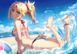  1girl :p ass bare_shoulders beach bikini black_bikini blonde_hair blue_sky blush braid breasts crab day fate/apocrypha fate/grand_order fate_(series) feet feet_up french_braid green_eyes hair_ornament hair_scrunchie highres legs long_hair looking_at_viewer medium_breasts mordred_(fate) outdoors parted_bangs ponytail red_scrunchie revision scrunchie side-tie_bikini_bottom sidelocks sky smile solo swimsuit thighs toes tonee tongue tongue_out 