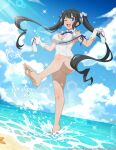  1girl absurdres artist_request bare_legs barefoot beach black_hair dress dungeon_ni_deai_wo_motomeru_no_wa_machigatteiru_darou_ka english_commentary english_text gloves hair_ornament hestia_(danmachi) highres holding kicking leg_up ocean official_art sandals sky standing standing_on_one_leg tight_clothes tight_dress twintails white_dress white_footwear white_gloves 