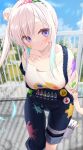  1girl airani_iofifteen airani_iofifteen_(1st_costume) blue_hair blurry blurry_background blush breasts collarbone dress gradient_hair hair_bun hairband hololive hololive_indonesia holster long_hair looking_at_viewer medium_breasts multicolored_hair outdoors overalls paint_on_body paint_splatter paint_splatter_on_face paint_tube paintbrush pinafore_dress pink_hair print_shirt purple_eyes shadow shirt short_sleeves side_ponytail single_side_bun sleeveless sleeveless_dress solo star_(symbol) star_in_eye symbol_in_eye upper_body virtual_youtuber white_dress yano_mitsuki_(nanairo) 