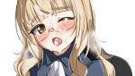  1girl ass black_pantyhose blonde_hair blush cum cum_in_mouth facial glasses highres long_hair looking_at_viewer military_uniform momendoufu neckerchief one_eye_closed open_mouth panties panties_under_pantyhose pantyhose perrine_h._clostermann simple_background solo strike_witches underwear uniform white_background white_neckerchief white_panties world_witches_series yellow_eyes 