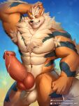  abs animal_genitalia animal_penis anthro arcanine armpit_hair ball_tuft balls big_balls big_muscles big_penis bodily_fluids body_hair canine_genitalia canine_penis cum cum_drip dripping erection fenwick_art front_view fur generation_1_pokemon genital_fluids genitals grin hi_res huge_penis knot looking_at_viewer male muscular muscular_anthro muscular_male neck_tuft nintendo orange_body orange_fur penis pokemon pokemon_(species) smile solo teeth tuft 