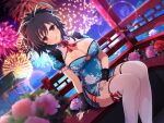  1girl architecture asuka_(senran_kagura) black_bow black_hair blue_collar blue_dress blue_flower blush bow breasts bridge brown_eyes china_dress chinese_clothes chinese_knot cleavage cleavage_cutout clothing_cutout collar covered_navel dress east_asian_architecture fireworks floral_print flower frilled_dress frilled_wristband frills hair_between_eyes hair_ribbon hand_on_own_thigh lace-trimmed_dress lace_trim large_breasts leaf lens_flare light_particles lily_pad linea_alba looking_at_viewer lotus mountain mountainous_horizon night night_sky official_alternate_costume official_art open_mouth outdoors palm_leaf parted_lips pink_flower ponytail railing red_flower red_tassel ribbon senran_kagura senran_kagura_new_link senran_kagura_shoujo-tachi_no_shin&#039;ei shiny_skin short_dress short_hair short_ponytail side_slit sitting sky smile solo sparkle star_(sky) starry_sky thighhighs tree underboob underboob_cutout water white_ribbon white_thighhighs wooden_bridge wrist_cuffs yaegashi_nan 