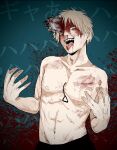  1boy blonde_hair blood blood_from_mouth blood_on_chest blood_on_face blood_on_weapon blood_splatter chainsaw_man denji_(chainsaw_man) highres looking_at_viewer nosebleed nyokki_dream666 open_mouth pull_cord sharp_teeth short_hair smile solo teeth tongue tongue_out topless_male weapon 