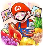  1girl 4boys blonde_hair blue_overalls brown_hair commentary crown durian earrings f.l.u.d.d. facial_hair food fruit gloves grapes hoshi_(star-name2000) jewelry lobster long_hair mario mario_(series) multiple_boys mustache overalls pineapple princess_peach red_shirt red_toad_(mario) shirt short_hair super_mario_sunshine toad_(mario) toadsworth 