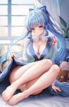  1girl absurdres arus bare_legs barefoot blue_dress blue_eyes blue_hair blush breasts cleavage collar dress genshin_impact highres indoors kamisato_ayaka kamisato_ayaka_(springbloom_missive) large_breasts light_blue_hair long_hair looking_at_viewer mole mole_under_eye multicolored_clothes multicolored_dress official_alternate_costume panties skirt solo stuffed_animal stuffed_toy teddy_bear thighs toes underwear white_collar white_panties 