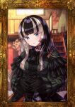  1girl absurdres black_choker black_dress black_gloves black_hair blue_eyes blunt_bangs blush choker dress frilled_dress frills gloves gothic_lolita grey_hair highres hololive hololive_dev_is juufuutei_raden lace-trimmed_choker lace_trim lolita_fashion long_hair looking_at_viewer mikannsisyou multicolored_hair sidelocks smile solo streaked_hair virtual_youtuber 