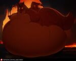  2023 belly big_belly cave claws dragon dungeons_and_dragons earlybird feral hasbro horn immobile lava looking_at_viewer male membrane_(anatomy) membranous_wings morbidly_obese morbidly_obese_feral morbidly_obese_male obese obese_feral obese_male overweight overweight_feral overweight_male scalie solo tail text themberchaud url western_dragon wings wizards_of_the_coast 