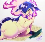  025aki absurd_res anthro blue_body blue_fur blush breasts colored_fire covering covering_breasts eyelashes female fire fur hi_res hisuian_form hisuian_typhlosion holding_breast lying nintendo on_ground on_side pokemon pokemon_(species) purple_eyes purple_fire regional_form_(pokemon) semi-anthro solo yellow_body yellow_fur 