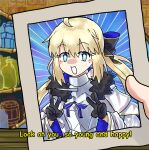 1girl absurdres ahoge armor black_bow black_gloves blonde_hair blue_cloak blue_eyes bow breastplate cape cloak double_v ebora fate/grand_order fate_(series) gloves highres long_hair looking_at_viewer parody photo_(object) smile solo spongebob_squarepants tonelico_(fate) v 
