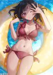  1girl bikini blush breasts brown_hair chigusa_minori cleavage collarbone innertube long_hair looking_at_viewer lying medium_breasts navel on_back one_eye_closed original parted_lips red_bikini red_eyes side-tie_bikini_bottom solo stomach swimsuit upper_body 