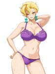  1girl arm_behind_head arm_up blonde_hair blush bra breasts briar_(pokemon) brown_eyes check_commentary cleavage collarbone commentary commentary_request curvy earrings eyelashes hair_between_eyes hand_on_own_hip highres jewelry kyamuu large_breasts looking_at_viewer mature_female navel panties pokemon pokemon_sv purple_bra purple_panties shiny_skin short_hair simple_background smile stomach sweat thighs underwear white_background 