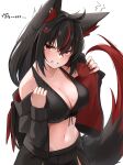  1girl absurdres ahoge anger_vein animal_ear_fluff animal_ears bikini black_bikini black_hair black_jacket black_shorts blush braid breasts cleavage commentary_request earrings fox_ears fox_girl fox_tail hair_between_eyes highres hololive jacket jewelry kurokami_fubuki long_hair looking_at_viewer medium_breasts micon multicolored_hair navel open_clothes open_jacket red_eyes red_hair short_shorts shorts sidelocks simple_background single_braid solo swimsuit tail teeth two-tone_hair undressing v-shaped_eyebrows virtual_youtuber white_background 