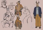  2023 anthro antlers balls big_balls blue_clothing blue_jacket blue_shirt blue_topwear blush blush_lines body_blush bottomwear brown_body brown_fur butt butt_blush clothed clothing colored_sketch crossbar_emanata deer dipstick_tail dumbbell ears_down ears_up emanata english_text exercise eye_markings facial_markings front_view fur genitals glans gloves_(marking) grey_body grey_fur head_markings hi_res horn humanoid_genitalia humanoid_penis jacket laugh male mammal markings mouse murid murine muscular muscular_male mxx_(mxxvous) mxxvous navel nipples nonbinary_(lore) nude open_mouth orange_bottomwear orange_clothing orange_pants pants penis pivoted_ears pubes rear_view red_background rodent scut_tail shirt short_tail simple_background sitting sketch sketch_page solo spots spotted_body spotted_fur tail tail_markings tan_body tan_fur text topwear weightlifting weights white_body white_fur workout 