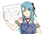  1girl aqua_hair bang_dream! bare_shoulders black_ribbon blue_bow blue_bowtie blue_dress bow bowtie closed_mouth commentary_request detached_sleeves dress green_eyes hair_between_eyes hair_ribbon hikawa_sayo holding holding_sign idol idol_clothes long_hair looking_at_viewer ribbon see-through see-through_sleeves sen&#039;yuu_yuuji sidelocks sign simple_background sleeveless sleeveless_dress solo translation_request upper_body white_background 