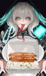  1girl absurdres aqua_wings arknights coat commentary english_commentary food forked_tongue grey_hair head_wings highres ho&#039;olheyak_(arknights) holding holding_food kinohara_kossuta long_tongue medium_hair open_clothes open_coat presenting sausage slit_pupils smile straight-on teeth tongue tongue_out upper_body upper_teeth_only very_long_tongue white_coat wings 