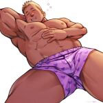  1boy abs armpit_hair armpits bara blonde_hair blush boxers bulge crotch drooling feet_out_of_frame heart heart_print hima_(nichikan) large_pectorals lying male_focus male_underwear mature_male mouth_drool muscular muscular_male navel navel_hair nipples on_back original pectorals plump purple_male_underwear short_hair sideburns sleeping solo spread_legs stomach thick_thighs thighs topless_male undercut underwear white_background 