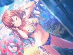  1girl ;) bang_dream! bare_shoulders beach beach_umbrella bikini blue_sky blush bracelet breasts brown_hair chair cleavage closed_mouth cloud cowboy_shot day dutch_angle earrings fence floral_print game_cg imai_lisa inflatable_raft jewelry long_hair lounge_chair medium_breasts multicolored_bikini multicolored_clothes navel necklace o-ring o-ring_top official_alternate_costume official_art one_eye_closed outdoors showering side-tie_bikini_bottom sidelocks sky smile solo stomach swimsuit thighs umbrella water wet wooden_fence wooden_floor yellow_eyes 