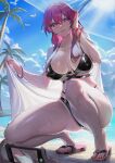  1girl 1other absurdres beach beach_umbrella bird blue_sky blush breasts cellphone cleavage collarbone covered_nipples day flip-flops full_body highres holding holding_phone honkai:_star_rail honkai_(series) kafka_(honkai:_star_rail) large_breasts light_rays long_hair looking_at_viewer outdoors palm_tree parted_lips phone purple_eyes purple_hair sandals sky smartphone smile solo_focus squatting sunbeam sunlight taking_picture tree umbrella water wet wow+ wristband 