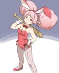  1girl afro_puffs animal_ears baseball_bat bow bowtie chuatury_panlunch detached_collar gundam gundam_suisei_no_majo hand_on_hip nail nail_bat over_shoulder pantyhose pink_eyes pink_hair playboy_bunny rabbit_ears rabbit_tail tail tewarusa weapon weapon_over_shoulder wrist_cuffs 