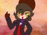  2016 anthro biped black_clothing black_eyebrows black_jacket black_topwear bottomwear brown_clothing brown_ears brown_hands brown_hat brown_headwear brown_spots clothed_anthro clothed_female clothing colored countershade_face countershade_fur countershade_tail countershading crossed_arms digital_drawing_(artwork) digital_media_(artwork) eyebrow_through_hair eyebrows fangs felid feline female female_anthro footwear front_view fur gesture glistening glistening_eyes gloves_(marking) green_eyes hair half-length_portrait hat headgear headwear jacket leather leather_clothing leather_jacket leather_topwear lonewolf3121 looking_aside lucy_wattson lynx mammal markings middle_finger portrait purple_clothing purple_sweater purple_topwear red_background red_clothing red_nose red_shirt red_tongue red_topwear shirt simple_background solo spots spotted_body spotted_fur standing sweater tail tan_body tan_countershading tan_fur teeth tongue tongue_out topwear translucent translucent_hair whiskers yellow_sclera 