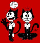  2023 4_fingers anthro biped black_body black_fur claws clothed clothing dialogue digital_drawing_(artwork) digital_media_(artwork) domestic_cat english_text felid feline felis felix_the_cat felix_the_cat_(series) fingers fleischer_style_toon fur gesture hanzkilla happy hi_res looking_at_viewer male mammal paws red_background sharp_teeth simple_background sitting smile solo speech_bubble tail teeth text toony waving white_body 