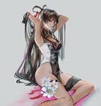  arms_up black_gloves braid breast_cutout breasts brown_hair china_dress chinese_clothes cleavage dress feet_out_of_frame flower flower_on_mouth gloves goddess_of_victory:_nikke grey_background hair_rings half_gloves highleg highleg_dress highres holding holding_hair long_hair looking_at_viewer medium_breasts otimusyairoha red_eyes simple_background sitting thigh_strap twin_braids very_long_hair yan_(nikke) yokozuwari 