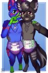  absurd_res anthro black_body black_fur black_hair blue_body blue_eyes blue_fur blue_hair blush cheek_tuft clothed clothing diaper duo facial_tuft fangs front_view fur green_diaper green_eyes grey_body grey_fur hair heterochromia hi_res infantilism jewelry looking_at_viewer male necklace open_mouth open_smile orange_eyes pattern_diaper purple_diaper riddlr shoulder_tuft smile standing teeth topless tuft wearing_diaper white_diaper 