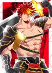  1boy abs armor armored_skirt avant_(brave_frontier) bara biceps blonde_hair brave_frontier chest_belt facial_hair gauntlets highres holding holding_sword holding_weapon kiazu114 large_pectorals male_focus manly mature_male multicolored_hair muscular muscular_male no_shirt over_shoulder pants pectorals red_background red_eyes red_hair scar scar_on_chest shoulder_armor solo spiked_hair stubble sword weapon weapon_over_shoulder 