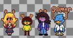  annoyed anthro antlers asepriterico avian avian_feet beak berdly bird blank_expression blonde_hair bluebird bottomwear brown_hair buckteeth capreoline checkered_background clothing coat cross-popping_vein crossed_arms deer deltarune doe_with_antlers dragon english_text eyebrows eyewear feather_hands feathers female footwear freckles frown glasses group hair hooves horn human humiliation humor jacket kris_(deltarune) lab_coat long_hair looking_aside male mammal mean noelle_holiday oscine passerine pattern_background pattern_clothing pattern_shirt pattern_topwear prank purple_body raised_eyebrow red_nose reindeer shadowed_eyes shirt shoes short_hair simple_background skirt smile speciesism striped_clothing striped_shirt striped_topwear stripes susie_(deltarune) sweater t-shirt teeth text thrush_(bird) topwear torn_clothing undertale_(series) yellow_eyes 