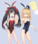  1boy 2girls animal_ears bare_legs beat_shooter_(idolmaster) black_hair blue_background blue_leotard blush bow breasts choker covered_navel drooling fake_animal_ears gengorou grey_eyes hair_bow idolmaster idolmaster_cinderella_girls leotard long_hair looking_at_viewer matoba_risa multiple_girls one_eye_closed open_mouth orange_hair p-head_producer playboy_bunny producer_(idolmaster) red_bow red_leotard sidelocks simple_background small_breasts smile strapless strapless_leotard twintails wrist_cuffs yellow_eyes yuuki_haru 