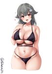  1girl alternate_costume bare_shoulders bikini black_bikini blush breasts collarbone cowboy_shot ebifurya grey_hair hair_between_eyes hair_flaps hair_ornament hairclip highres jingei_(kancolle) kantai_collection large_breasts long_hair looking_at_viewer navel one-hour_drawing_challenge open_mouth red_eyes simple_background smile solo stomach swimsuit twitter_username underboob white_background 