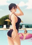  1boy 1girl adjusting_clothes adjusting_swimsuit beach_chair black_eyes black_hair black_one-piece_swimsuit breasts brown_hair chromatic_aberration cloud contemporary eren_yeager facial_hair hanpetos innertube large_breasts mikasa_ackerman one-piece_swimsuit photo_background pool scar scar_on_cheek scar_on_face shingeki_no_kyojin short_hair sky stubble sunglasses swimsuit tree wet 